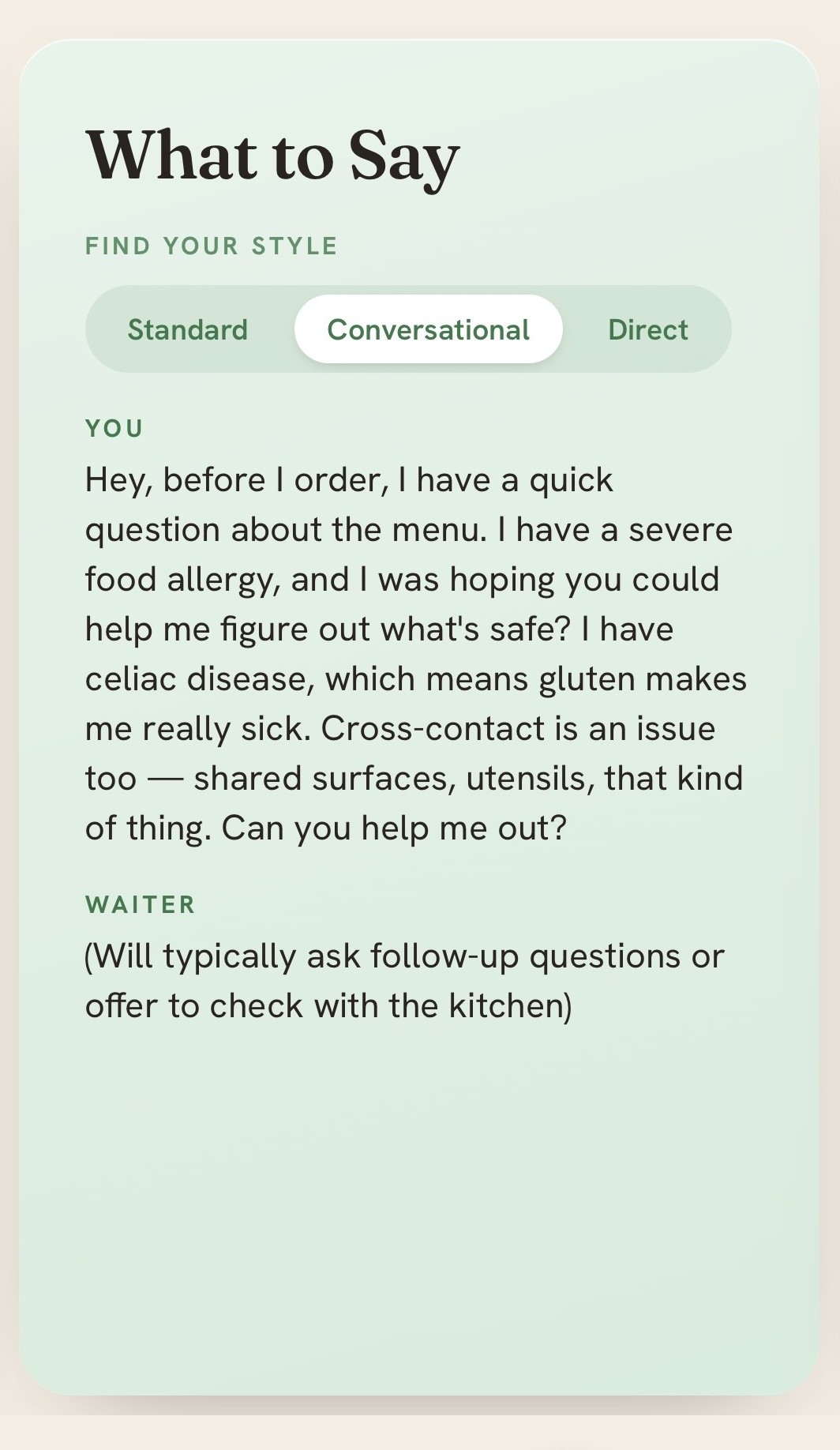 Crumb Bouncer conversation script showing what to say to your waiter about celiac disease